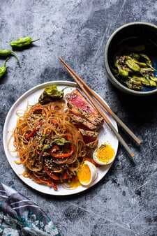 30 Minute Korean Tuna And Stir Fried Shishito Pepper Rainbow Veggie Noodles.