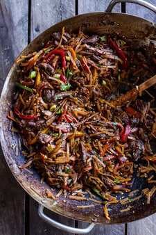 30-Minute Stir Fried Korean Beef And Toasted Sesame Noodles.