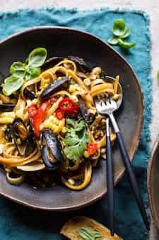 Basil Coconut Curry Pasta With Clams