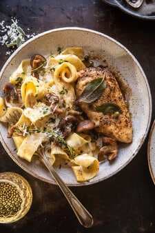 Browned Sage Butter Chicken Piccata With Mushroom Pasta.