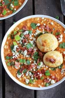 Buffalo Chicken Corn Chowder With Blue Cheese Gougères