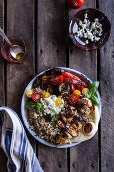 Greek Chicken Souvlaki And Rice Pilaf Plates W/Marinated Veggies + Feta Tzatziki.