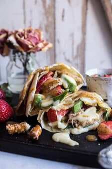 Honey Mustard Pretzel Crusted Chicken And Brie Crepes With Strawberry Basil Salsa.