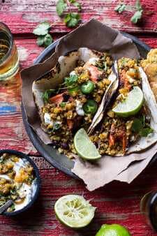 Jamaican Jerk Fish Tacos With Plantain Fried Rice And Pineapple Salsa.