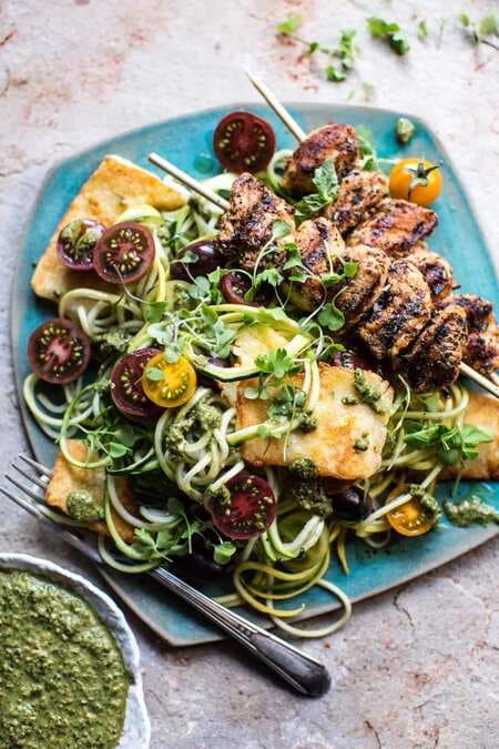 Mediterranean Chicken And Summer Squash Noodles With Fried Halloumi.