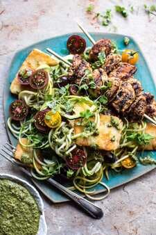 Mediterranean Chicken And Summer Squash Noodles With Fried Halloumi.