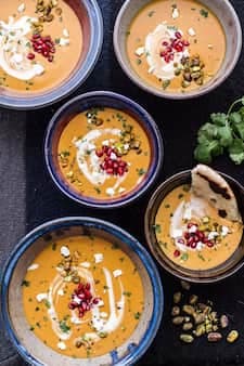 Moroccan Butternut Squash And Goat Cheese Soup W/Coconut Ginger Cream + Pistachios.