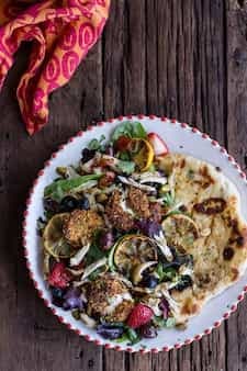 Moroccan Chicken Salad With Pistachio Crusted Fried Goat Cheese + Garlic Naan.