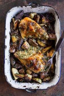 One-Pan Apricot Glazed Walnut And Brie Stuffed Chicken Breast With Roasted Potatoes.