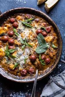One-Pan Spinach And Cheese Gnocchi With Roasted Garlic Tomato Cream Sauce.