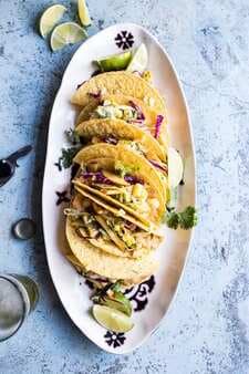 Seafood Tacos With Lime-Green Chile Sauce + Grilled Corn Slaw.