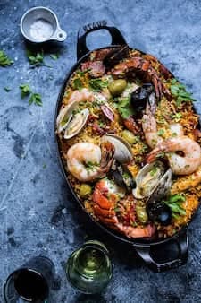 Skillet Grilled Seafood And Chorizo Paella.