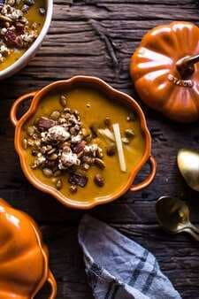Smoky Pumpkin Beer And Cheddar Potato Soup With Candied Bacon Popcorn.
