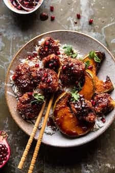 Sheet Pan Sticky Pomegranate Chicken And Honey Roasted Squash.