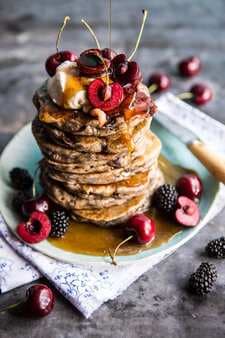 Sweet Cherry Buckwheat Pancakes With Bourbon Butter Syrup + Bacon.
