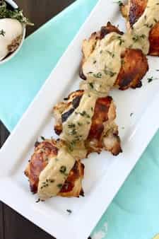 Buttermilk Poached And Roasted Chicken With Garlic Cream Sauce