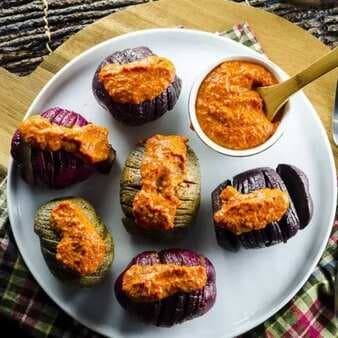 Grilled Hasselback Potatoes With Romesco Sauce