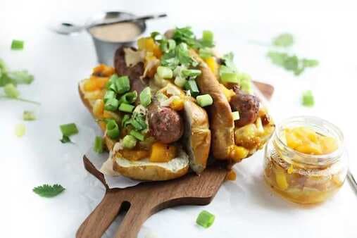 Mango And Pineapple Chutney With Chipotle Aioli On Hot Dogs