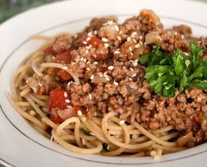 New Family Favorite:Pasta With Asian Bolognese Sauce