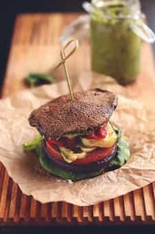 Roasted Vegetable Sandwich Stack With Avocado-Basil Sauce
