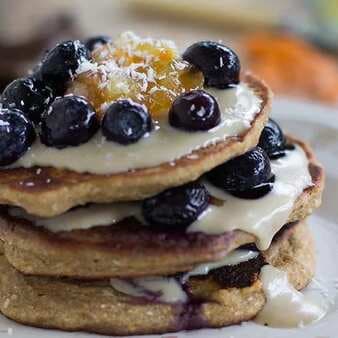Vegan Pancakes And Chocolate Tahini Sauce With Blueberries