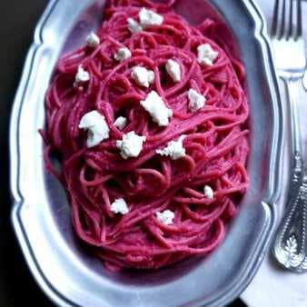 Vibrant Beet Pesto Served With Pasta And Goat Cheese
