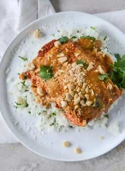 Salmon With Thai Curry Peanut Sauce And Coconut Cilantro Rice