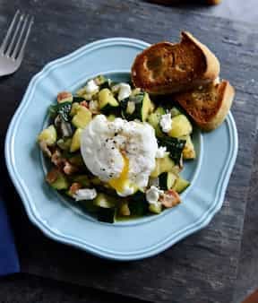 Zucchini Summer Skillet With Poached Eggs + Garlic Butter Baguettes