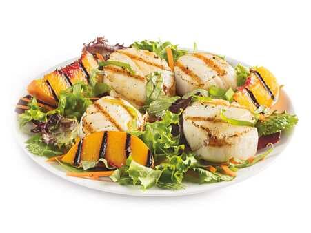 Responsible Choice Sea Scallop And Grilled Peach Salad With Lemon Basil Vinaigrette