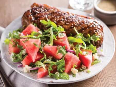 Watermelon Arugula Salad With New York Strip Steaks