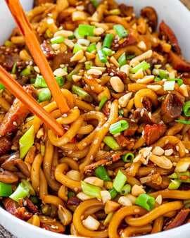 Asian Style Udon Noodles With Pork And Mushrooms
