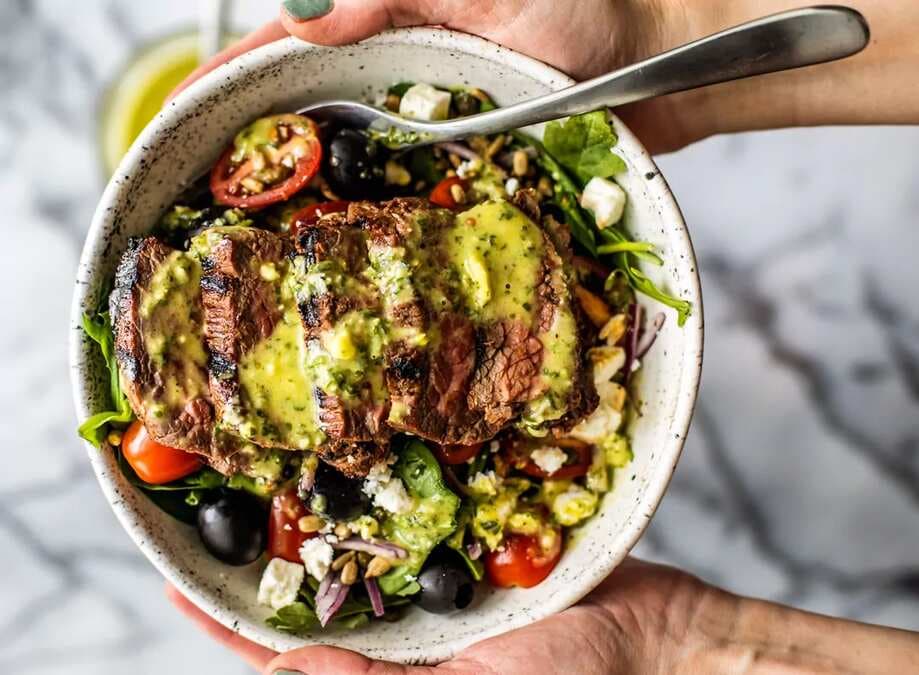 Greek Steak Salads With Herb And Garlic Vinaigrette