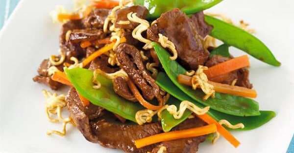 Beef And Snow Pea Stir-Fry With Crunchy Noodles