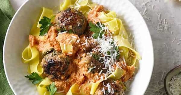 Catalan Lamb Meatballs With Pappardelle Pasta And Romesco Sauce