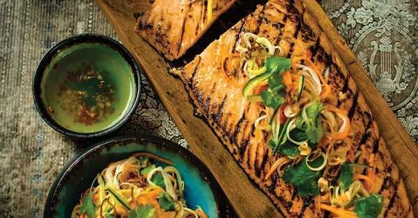 Chargrilled Salmon With Hot And Sour Dressing And Pickled Vegetable Salad