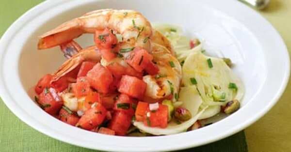 Grilled Prawns With Fennel Salad & Watermelon Salsa