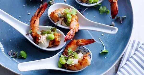 Grilled Ginger Prawns With Yuzu Mayo, Soy Beans And Roast Ground Rice