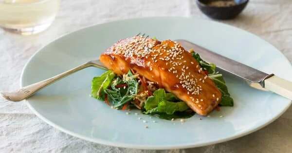 Honey And Soy Salmon With Ginger, Sesame And Asian Greens