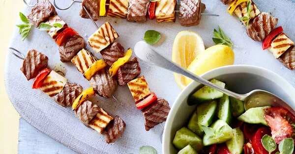 Lamb And Haloumi Skewers With Cucumber Salad