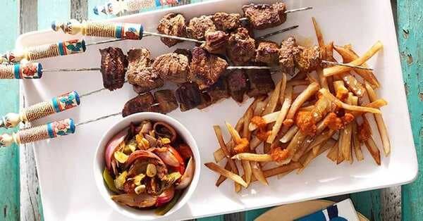 Moroccan Beef Kebabs With Harissa Chips And Grilled Vegetable Salad