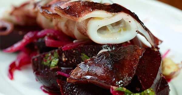 Calamari Cooked In Olive Oil With A Spiced Beetroot Salad