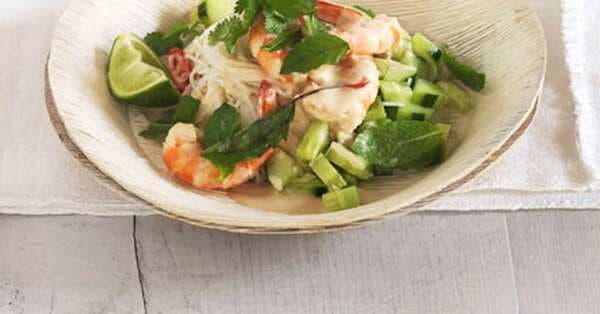 Poached Prawns With Rice Noodles, Cucumber And Thai Herbs