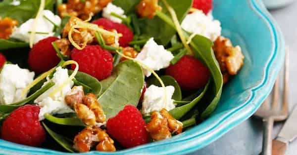 Raspberry, Spinach And Persian Feta Salad With Salted Candied Walnuts