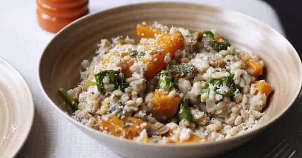 Spelt Risotto With Butternut Pumpkin, Spinach, Chestnuts And Goat's Cheese