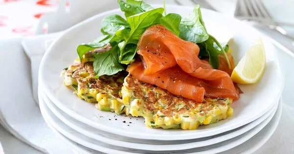 Sweet Corn And Coriander Fritters With Smoked Salmon