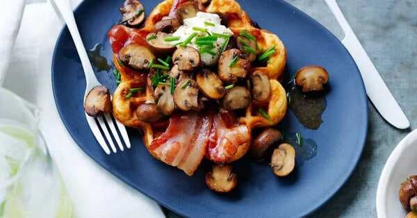 Waffles With Sautéed Mushrooms And Maple Bacon
