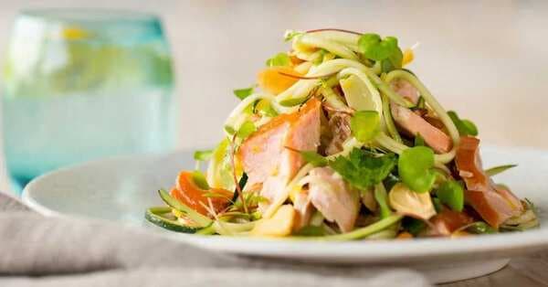 Wood Roasted Salmon With Zucchini Noodle, Pine Nuts And Parmesan