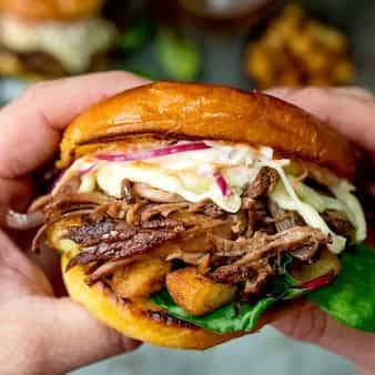 Brisket Sandwich With Garlic Potatoes And Coleslaw