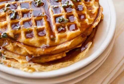 Cornmeal Bacon Waffles with Thyme Infused Maple Syrup