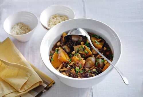 Moroccan Squash Tagine with Garbanzos and Couscous